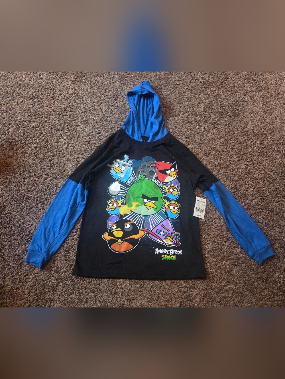 Black & Blue Hooded Kids Tee with Angry Birds Graphic 2009-2012 NWT